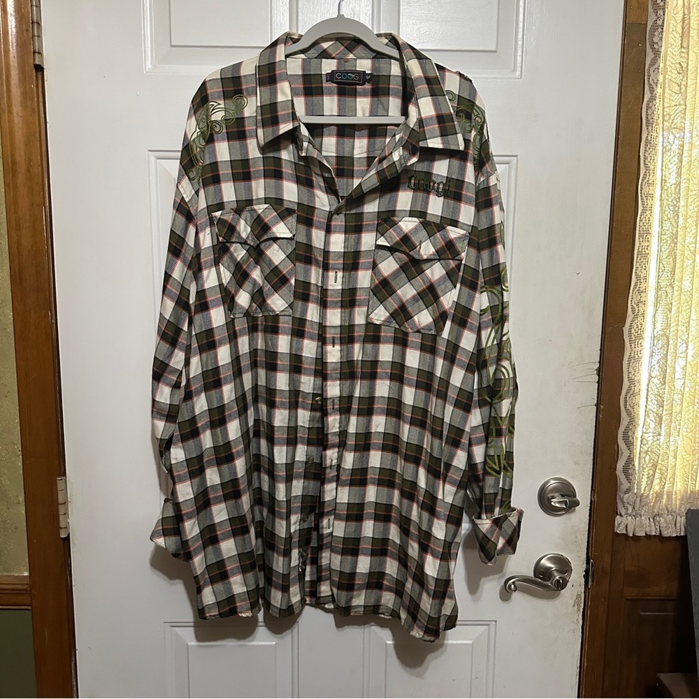 COOGI Luxe Dress‎ Shirt Men’s 5XL Big & Tall Black Plaid Embroidered Button Up